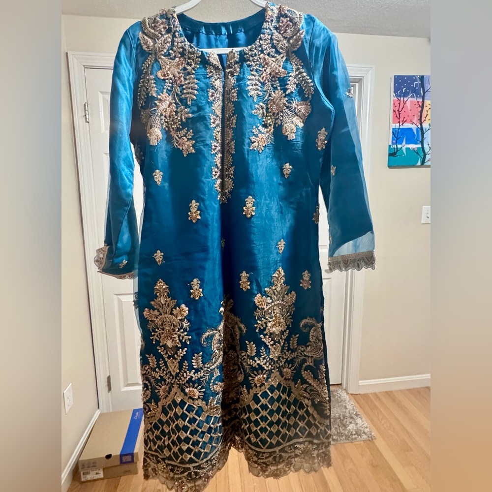 Elegant Blue and Gold Embroidered Dress
